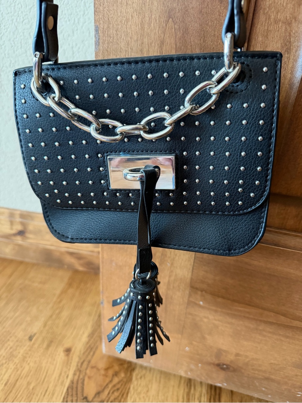 Zara Black Studded Crossbody Bag with Tassel Accent